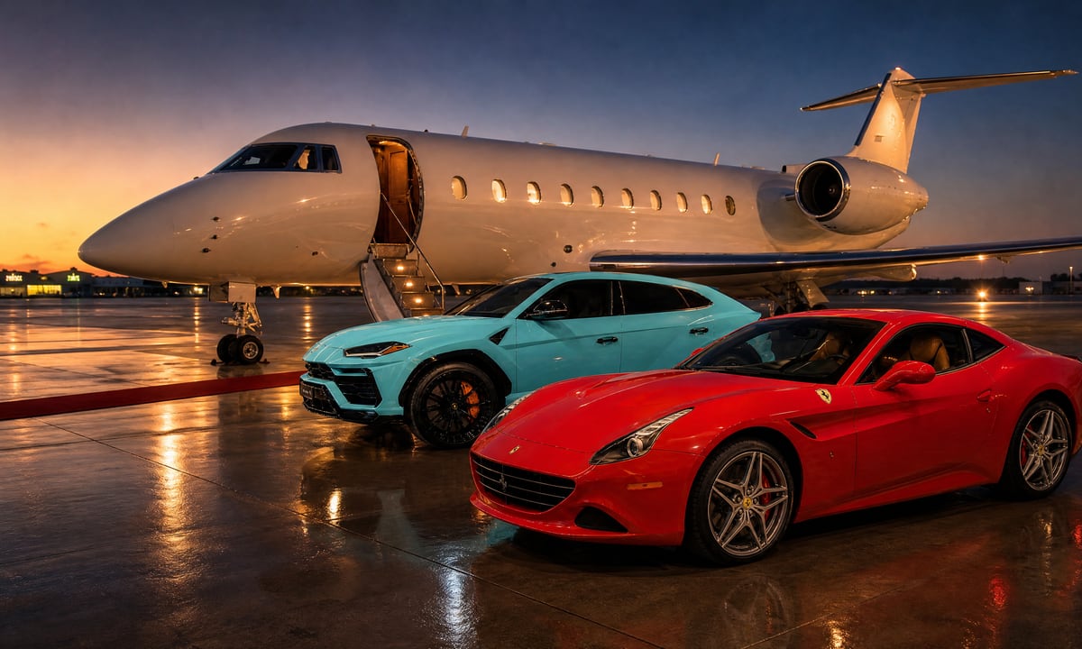 Red Ferrari California T and turquoise Lamborghini Urus waiting beside a private jet at dusk