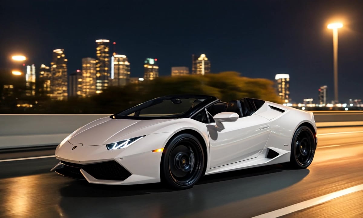 White Lamborghini Huracán Spyder driving past the Houston skyline at night